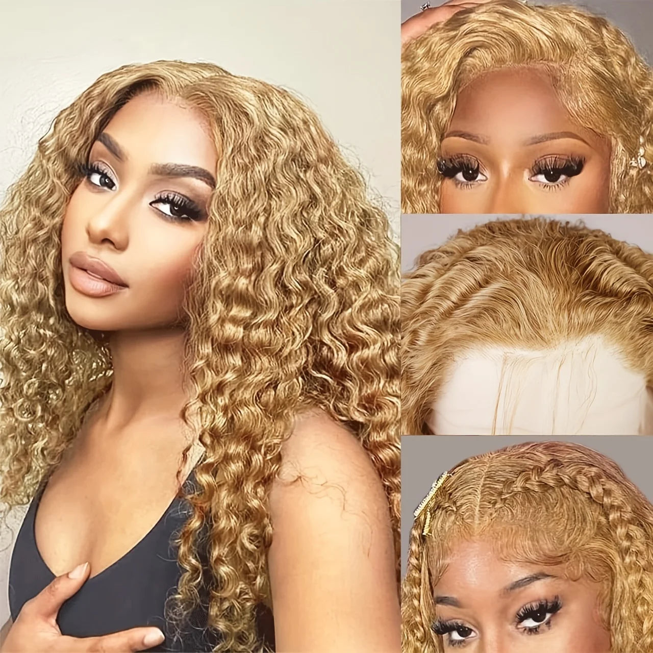 LaceLux Honey Blonde Deep Curly HD Lace Wig – 200% Density Human Hair