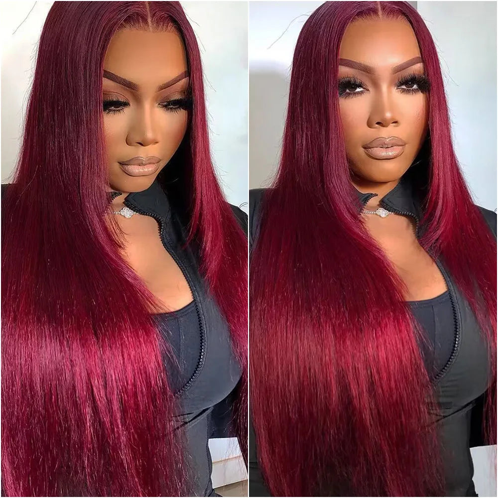 LaceLux 99J Burgundy HD Lace Wig – Straight Human Hair - LaceLuxWigs