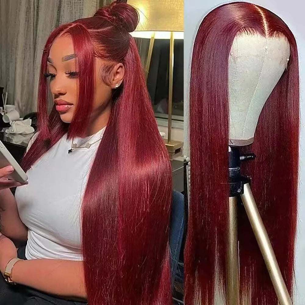 LaceLux 99J Burgundy HD Lace Wig – Straight Human Hair - LaceLuxWigs