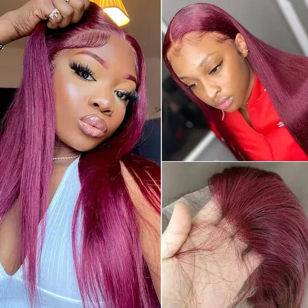 LaceLux 99J Burgundy HD Lace Wig – Straight Human Hair - LaceLuxWigs
