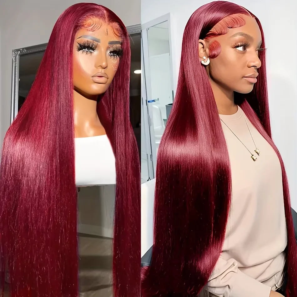 LaceLux 99J Burgundy HD Lace Wig – Straight Human Hair - LaceLuxWigs