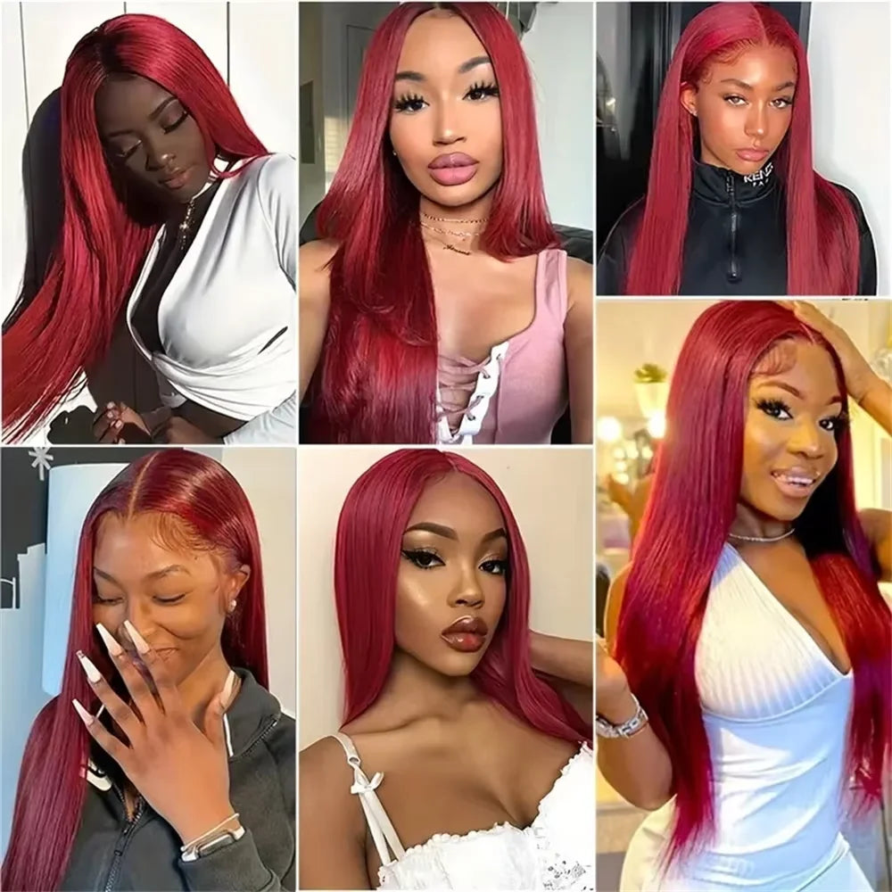 LaceLux 99J Burgundy HD Lace Wig – Straight Human Hair - LaceLuxWigs