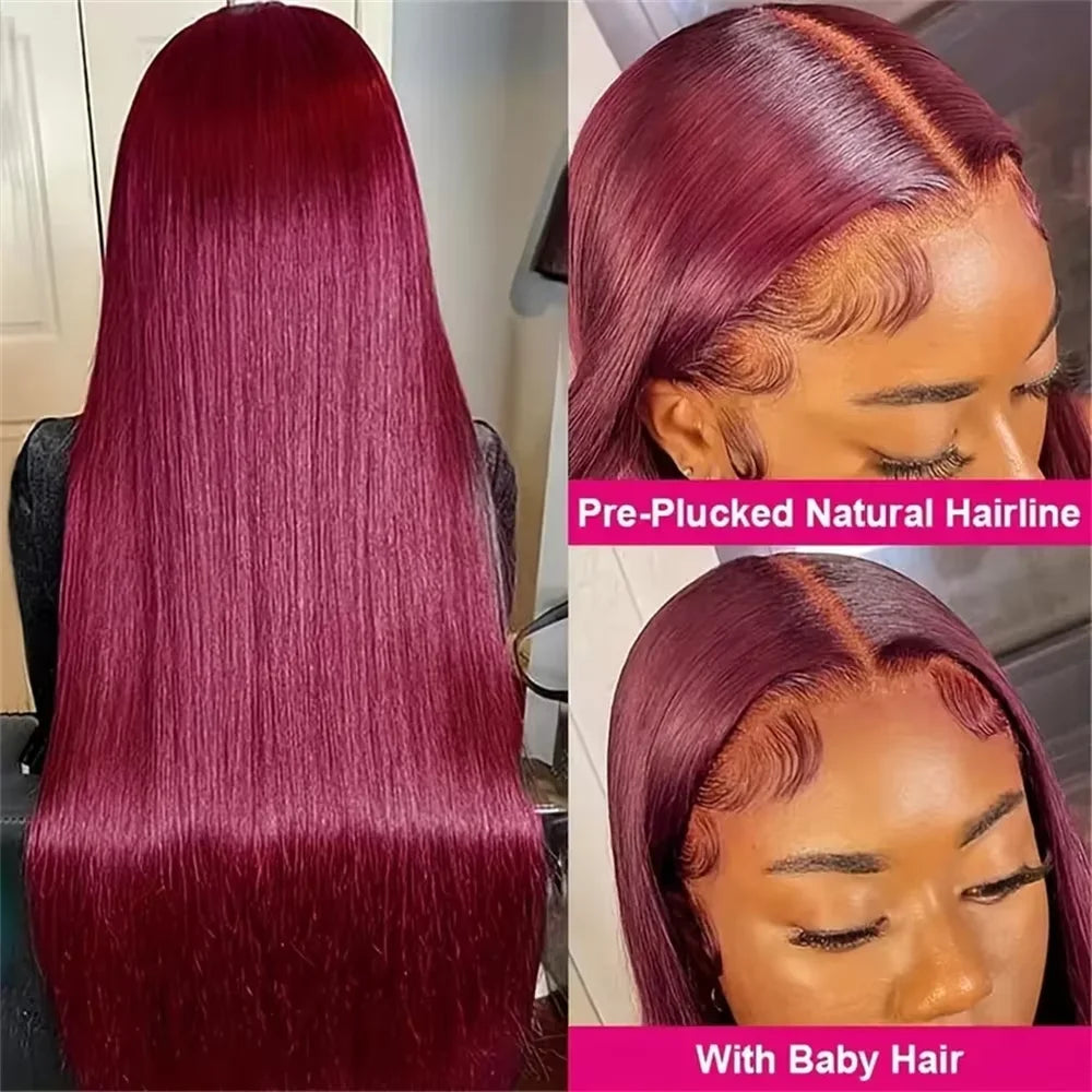 LaceLux 99J Burgundy HD Lace Wig – Straight Human Hair - LaceLuxWigs