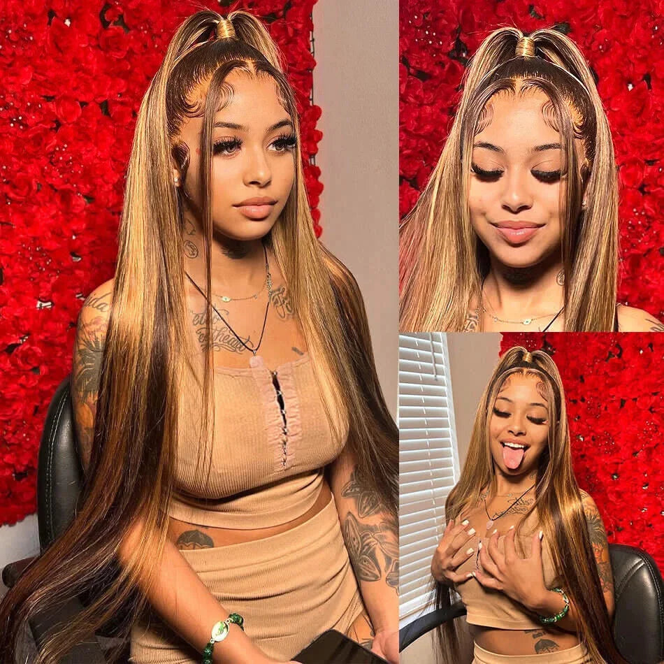 LaceLux Honey Blonde Highlight HD Lace Wig – Straight Human Hair