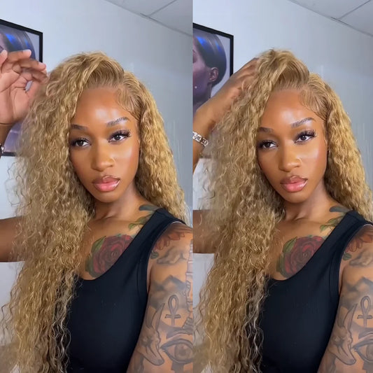 LaceLux Honey Blonde Deep Curly HD Lace Wig – 200% Density Human Hair