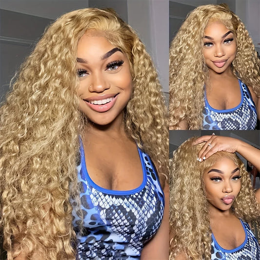 LaceLux Honey Blonde Deep Curly HD Lace Wig – 200% Density Human Hair