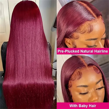 LaceLux 99J Burgundy HD Lace Wig – Straight Human Hair - LaceLuxWigs