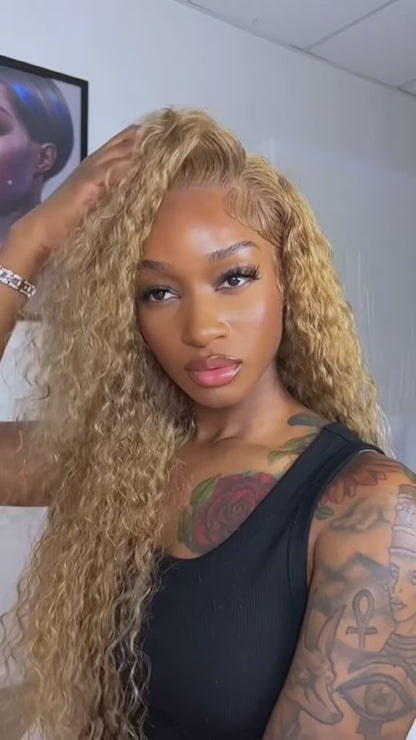 LaceLux Honey Blonde Deep Curly HD Lace Wig – 200% Density Human Hair